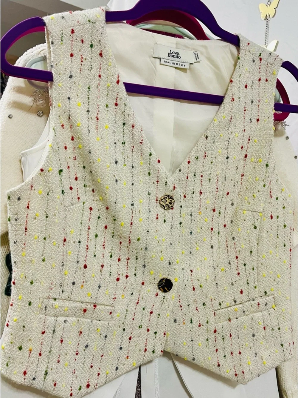 Love Bonito Cream Tweed V-Neck Vest with Colorful Speckles - Picture 1 of 6